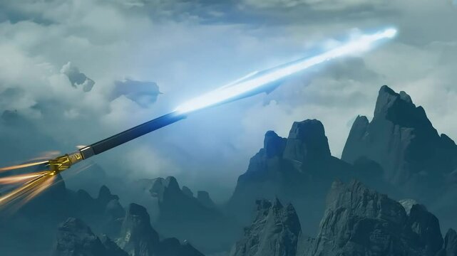 A digital render of a spear flying through a mountain range at high speed, leaving a motion blur in its wake, symbolizes power, speed, and force.