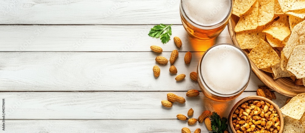 Poster Background with beer and snacks Hops beer chips and nuts Set against a white wooden backdrop Copyspace available for text Top view