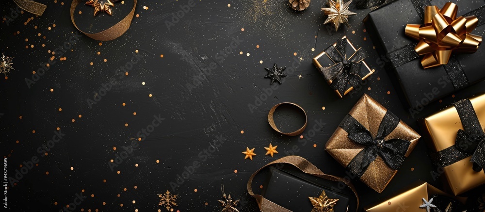 Aufkleber Flat lay background for Christmas or parties featuring gift boxes golden bows and stars Flat lay top view. with copy space image. Place for adding text or design