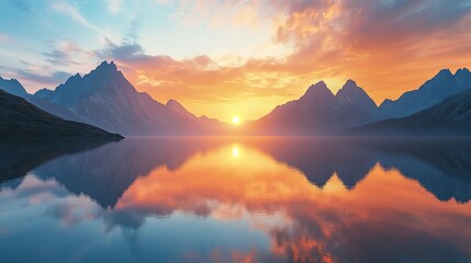 Obraz premium A breathtaking sunset over mountains, with a calm lake perfectly reflecting the peaks and sky.