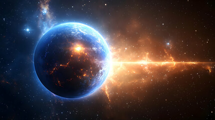 A planet in space with a bright light behind it.