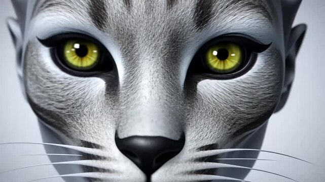 A realistic 3D animation of a human with cat face with striking yellow eyes looking at camera, white screen background.