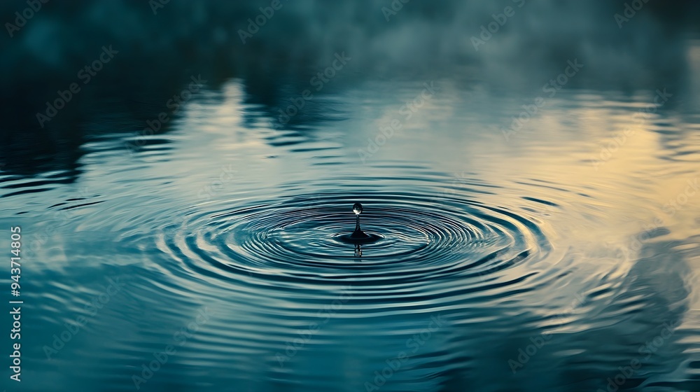 Poster a single droplet creating mesmerizing ripples on the calm surface of a pond symbolizing the powerful