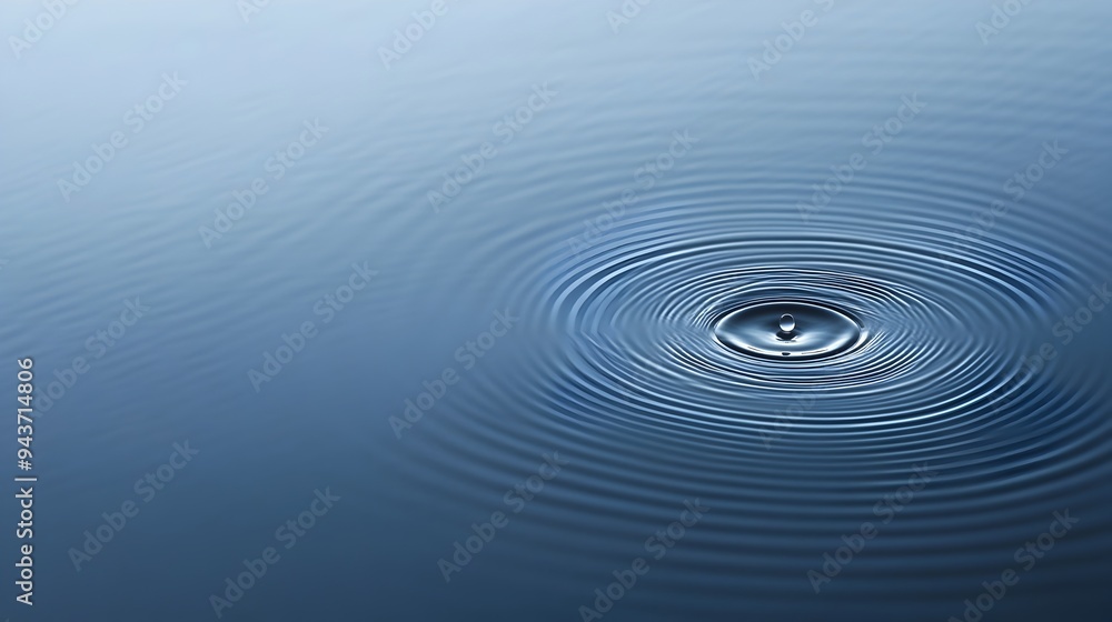 Poster a single droplet gently creating a series of concentric rippling waves across the smooth calm surfac