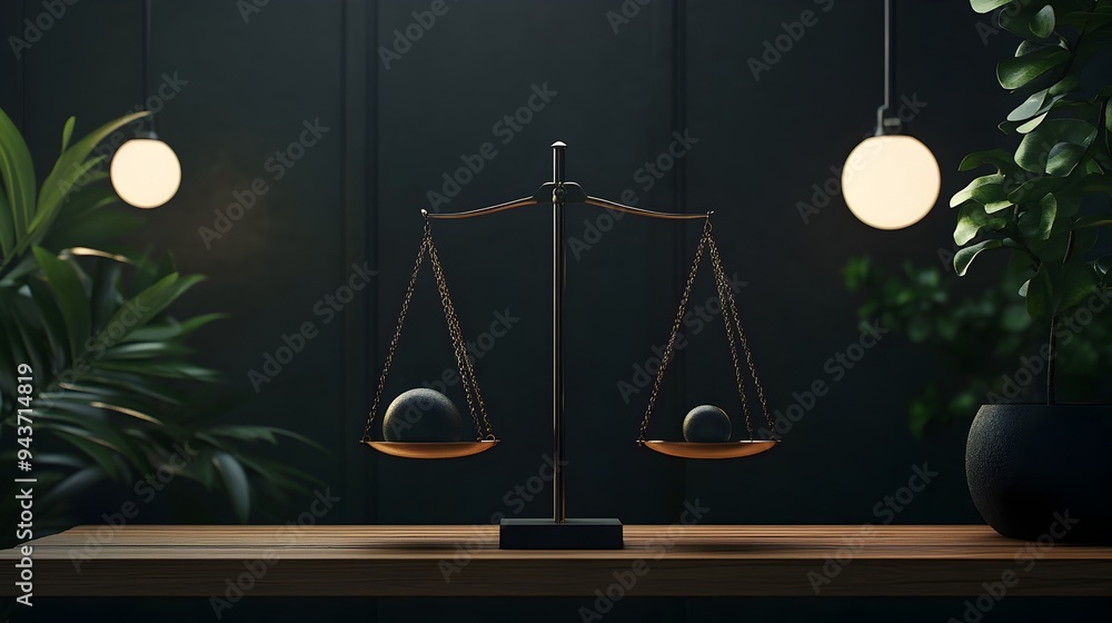 Poster balanced scales with light and dark objects symbolizing the equilibrium and fairness in decision mak