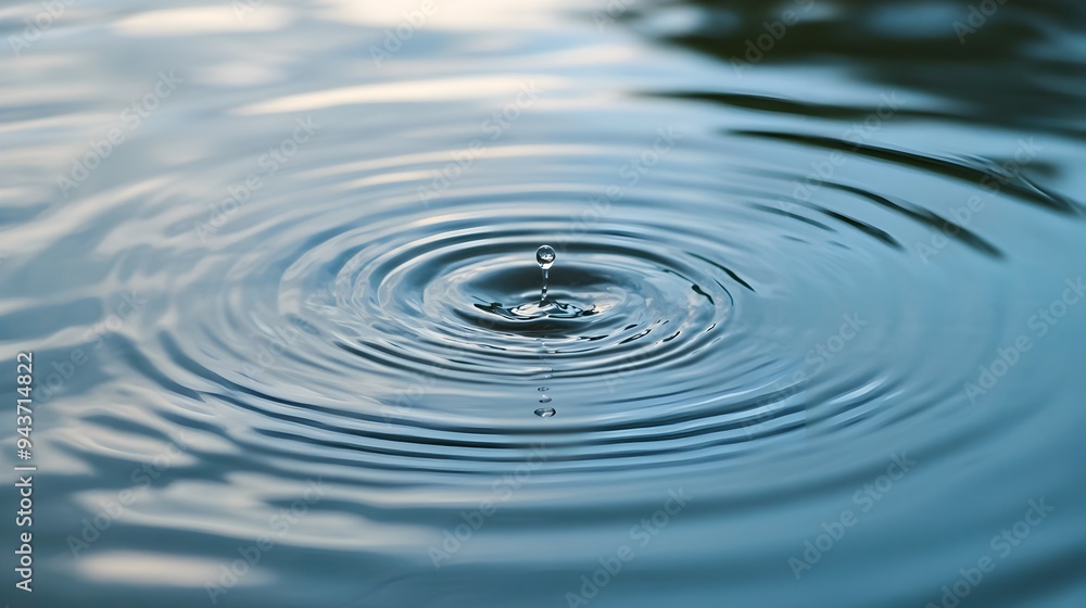 Poster a single droplet creating rippling waves across the calm serene surface of a pond symbolizing the po