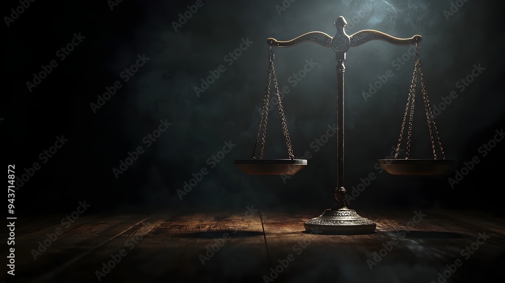 Poster balanced scales with light and dark objects symbolizing the concept of equilibrium justice and fairn