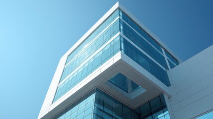 Modern glass building with sleek design and clear blue sky. structure conveys sense of innovation and professionalism. 