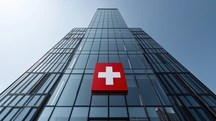 Modern glass building with prominent Swiss cross logo, showcasing sleek design against clear sky. image conveys sense of professionalism and innovation. 