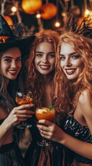 Fototapeta premium Friends dressed in Halloween costumes toast with colorful drinks, enjoying a lively party filled with laughter and festive decorations