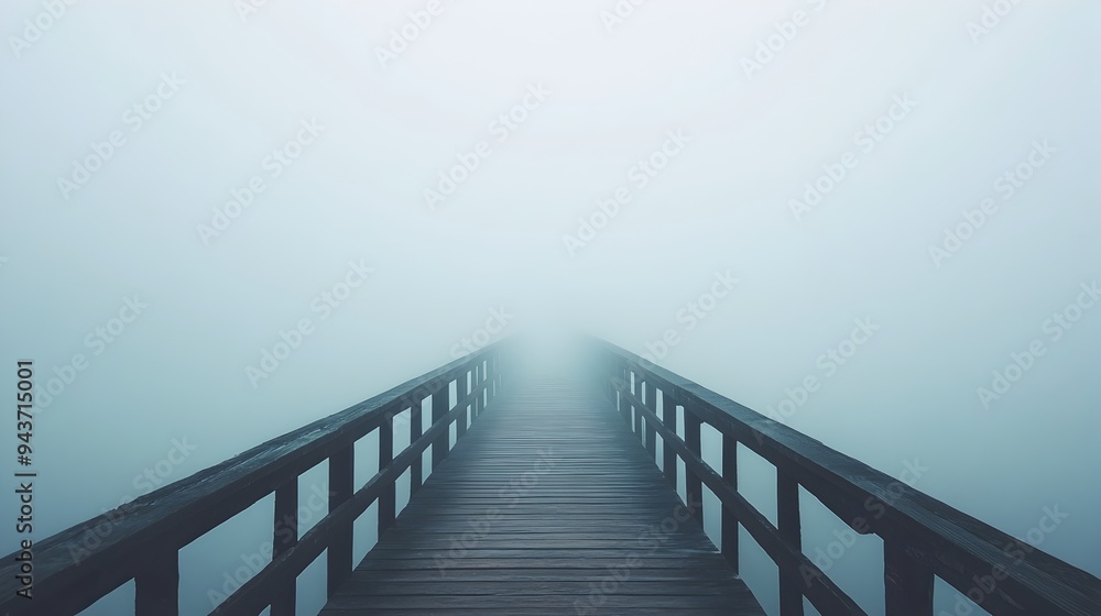 Aufkleber A minimalist and atmospheric landscape of a bridge disappearing into the mist creating a sense of mystery and the unknown  This image provides ample copy space for text overlay or design elements
