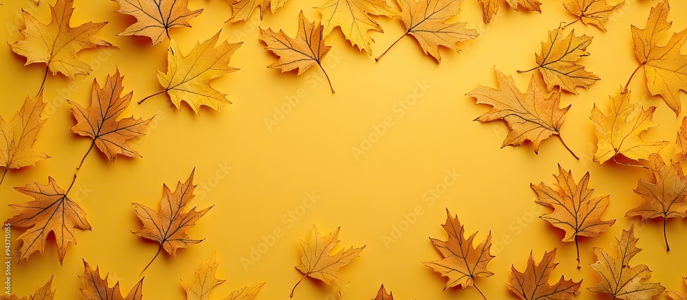 Fototapete Autumn festive backdrop featuring palmate maple leaves on a yellow background. with copy space image. Place for adding text or design