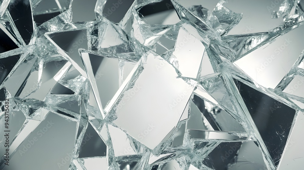 Poster shattered mirror reflecting multiple fragmented images symbolizing the distorted and uncertain natur