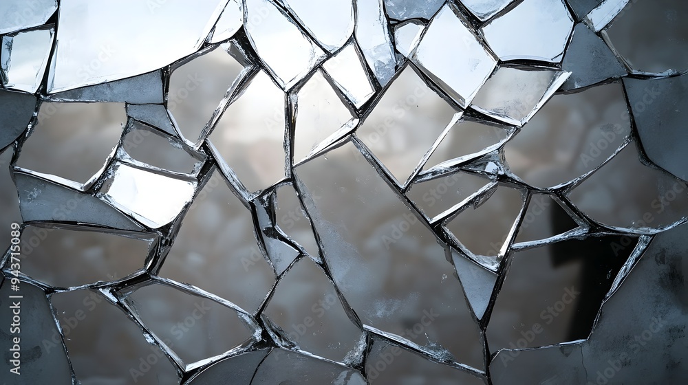 Poster shattered mirror reflecting multiple fragmented perceptions in an abstract geometric mosaic design s