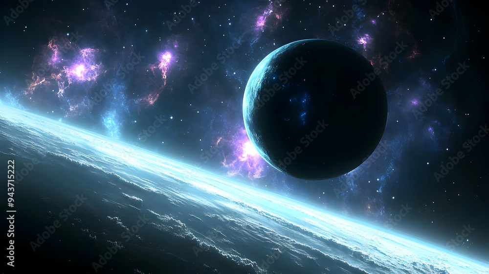 Poster a planet in space with a glowing nebula in the background.