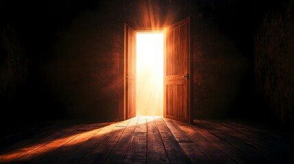 Opened door revealing a bright luminous light symbolizing a new pathway opportunity and potential for growth and success  Minimalist design with empty copy space