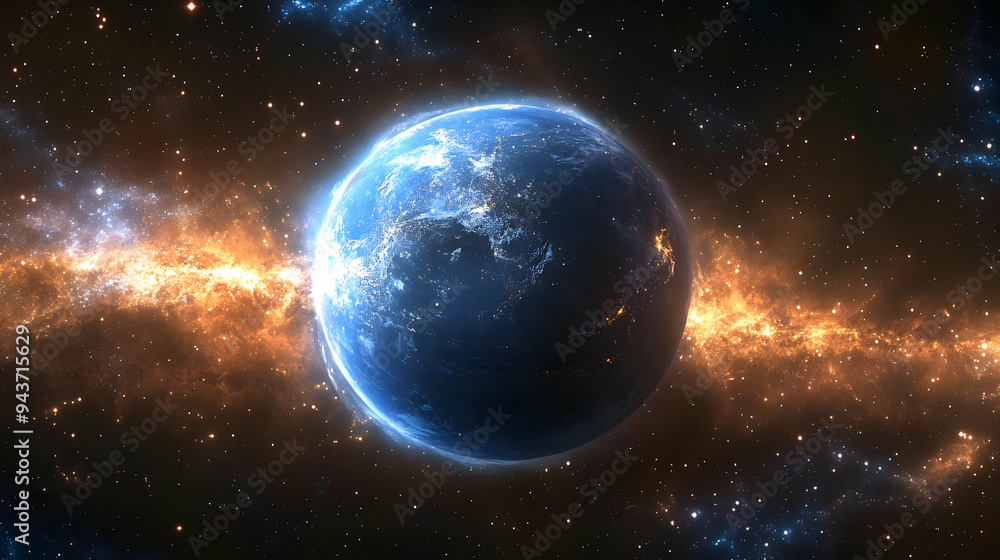 Poster a planet in space with a nebula in the background.
