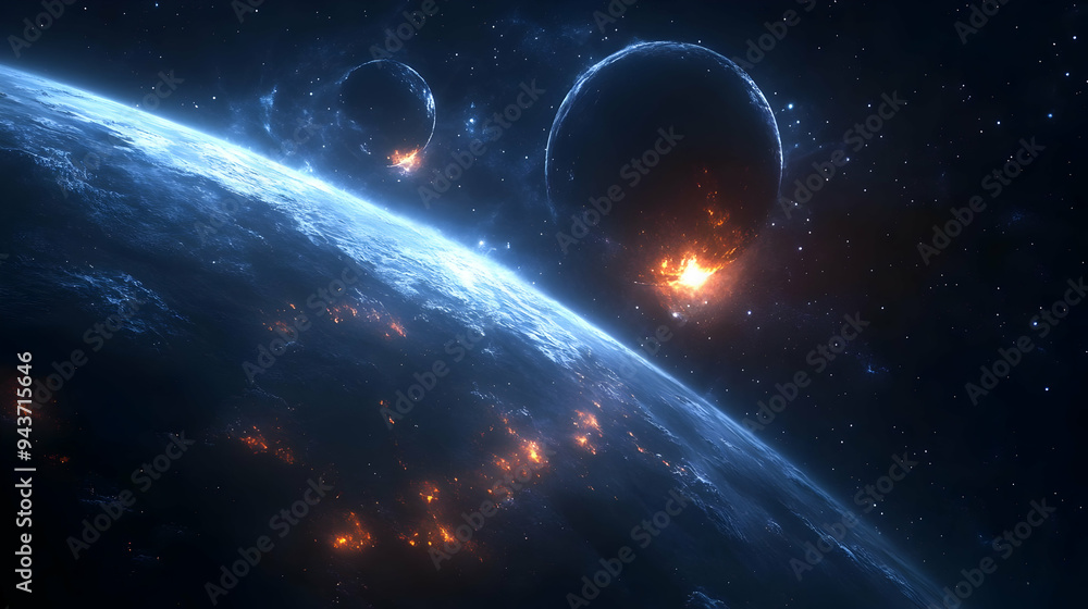 Aufkleber a planet in space with another planet exploding in the distance.