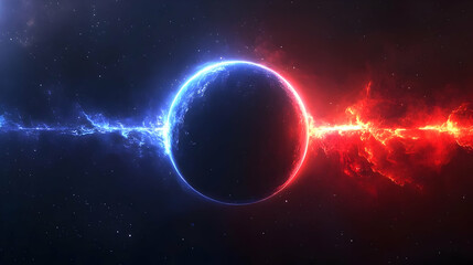 A planet in space with blue and red energy bursts.