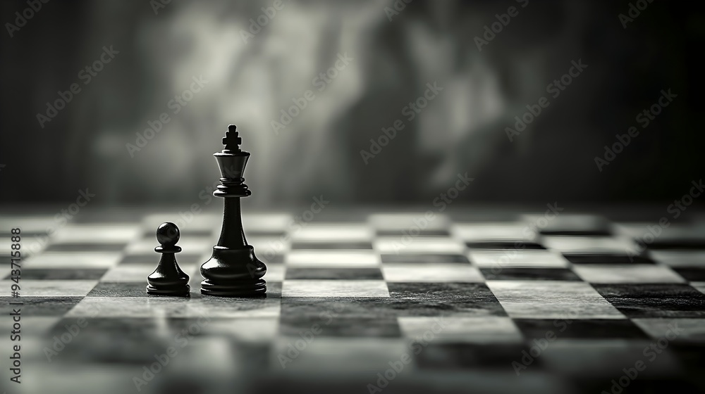 Poster a minimalist chessboard featuring only a king and a pawn symbolizing the essence of strategic gamepl
