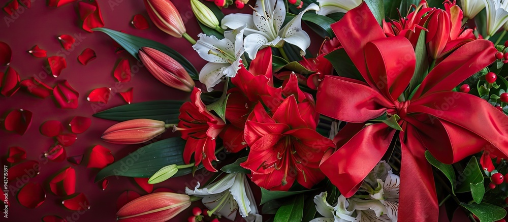 Poster bouquet of lilies of the valley with a red bow set against a red background top view copy space