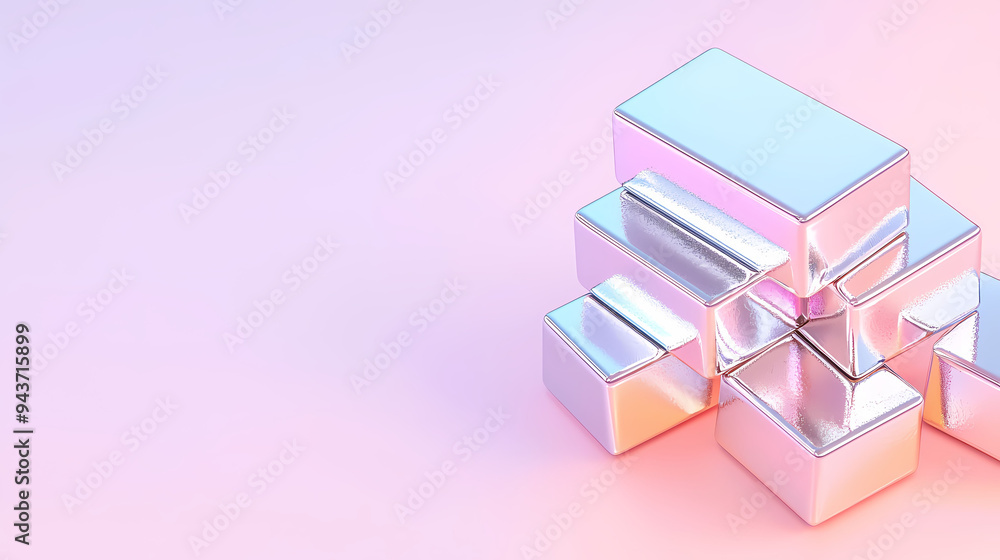 Poster shiny metallic blocks arranged artistically on soft pastel background, creating modern and minimalis