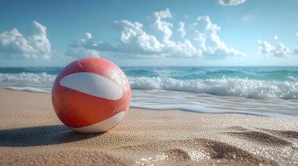 Obraz premium Playful 3D animation of a beach ball bouncing on golden sand with ocean waves in the background.