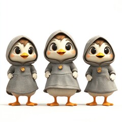 Obraz premium Three cute animated birds in grey hooded outfits.