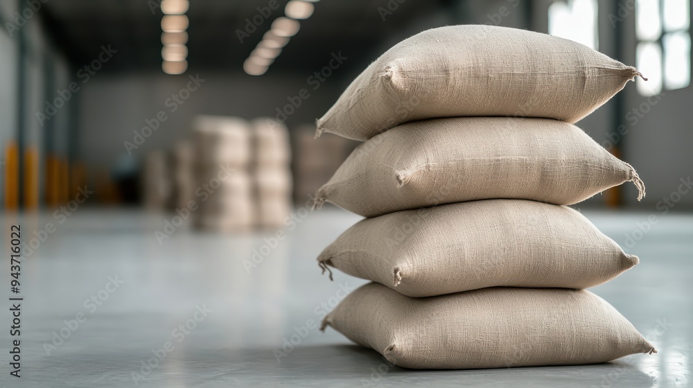 Poster stacked burlap sacks in spacious warehouse create sense of order and readiness. neutral tones and so