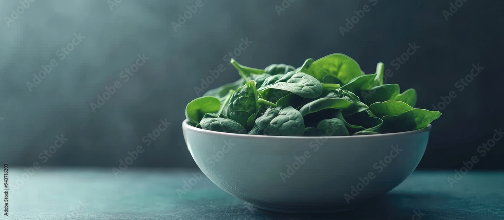 Poster Fresh spinach in a bowl filtered image. with copy space image. Place for adding text or design