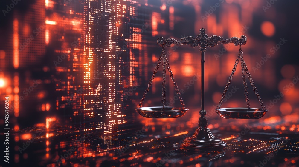 Poster the digital scales of justice against the backdrop of data and code symbolize the rule of law in the