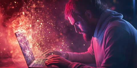 Intense Focus on a Laptop Amidst a Burst of Digital Energy, Illustrating the Power of Creativity and Innovation in the Modern Technological World, Where Ideas Spark and Flourish in the Digital Realm