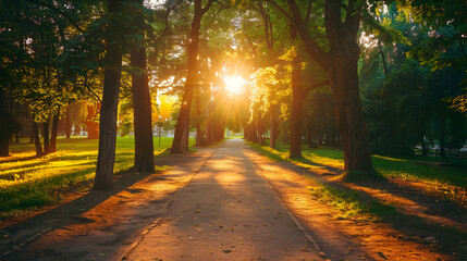 Sunlit path in a park before sunset