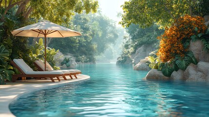 Obraz premium Relaxing 3D summer illustration of a poolside scene with lounge chairs, an umbrella, and crystal-clear water.