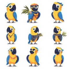Obraz premium A grid of colorful cartoon parrots with various accessories and styles.