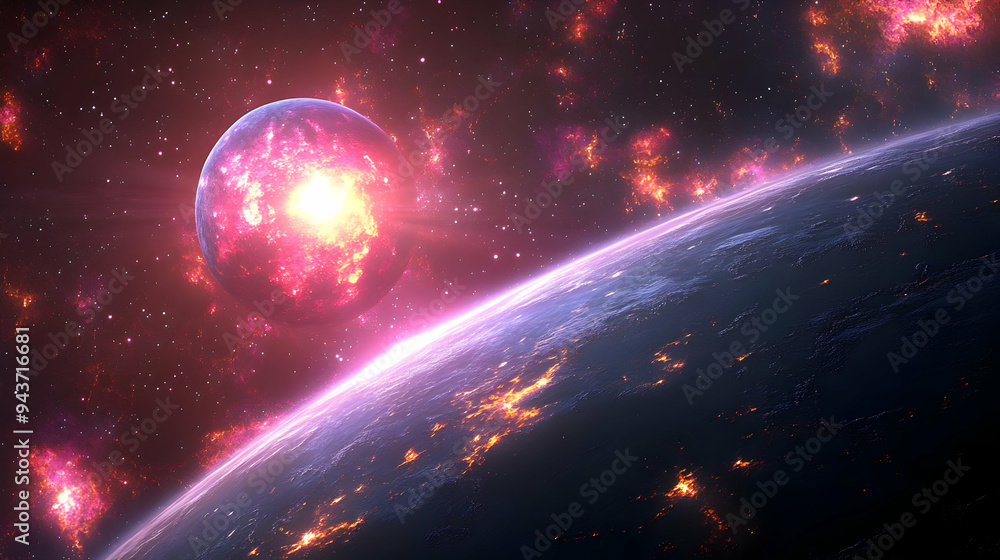 Poster a planet in the vastness of space, with a distant exploding star and a pink sky.