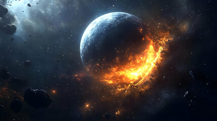 A planet is consumed by flames as it collides with a large celestial body.