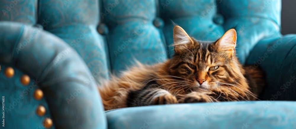 Poster brown tabby fluffy cat resting on a blue velvet chair. with copy space image. place for adding text 