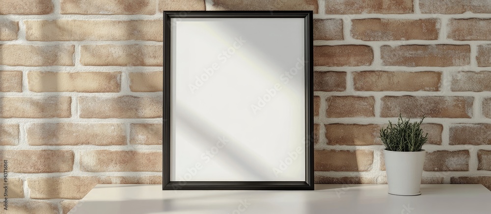 Leinwandbilder black cardboard photo frame on a white table in front of a brick wall mockup against a brick backdro