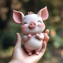 Fototapeta premium A cute cartoon pig figurine held in a hand, exuding joy and charm.