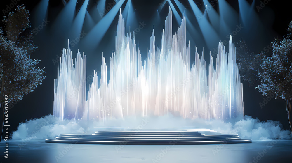 Poster a stunning stage design featuring crystal like structures illuminated by soft lights, creating magic