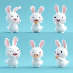 Fototapeta premium Cute animated rabbits expressing joy and enjoying snacks in a playful setting.