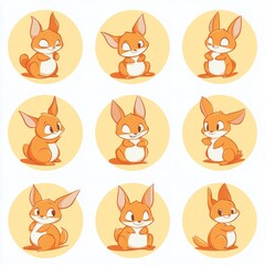 A grid of cute cartoon rabbits in various playful poses.