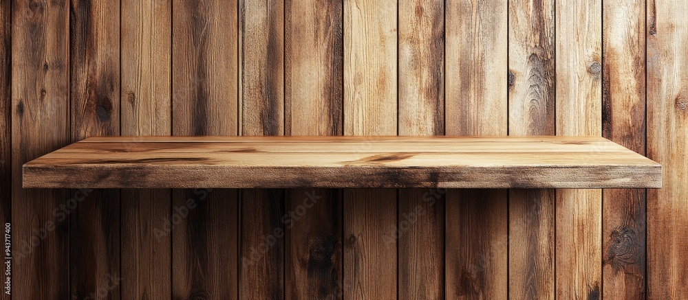 Poster Empty wooden shelves against a backdrop of a wooden wall. with copy space image. Place for adding text or design