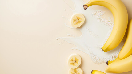 A poster background with yellow bananas and milk flowing from the bottom to top, a light beige solid color background, a simple style, a minimalist design, high resolution,