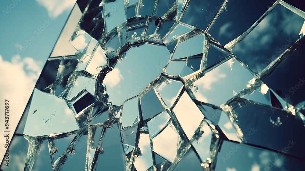 Poster shattered mirror reflecting multiple fragmented images symbolizing the complex and multifaceted natu