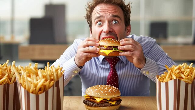 A man in a shirt and tie looks longingly at a hamburger and fries, clearly facing temptation and hunger during a busy lunch hour in a corporate environment.