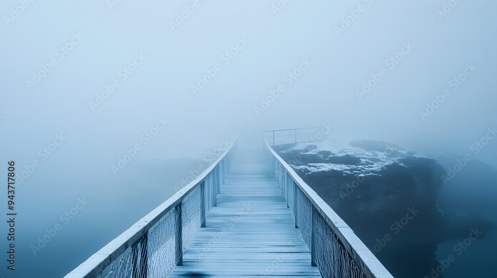 Poster A serene minimalist landscape of a bridge disappearing into the mist symbolizing the unknown and leaving room for contemplation and interpretation  The bridge fades into the hazy environment