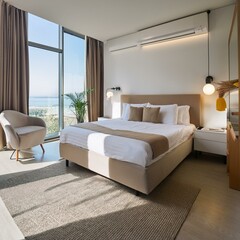Light hotel bedroom interior with sleep and work zone, panoramic window
