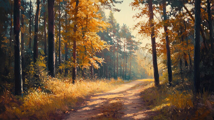 Obraz premium A tranquil forest path surrounded by vibrant autumn foliage in a sunlit grove during early morning hours